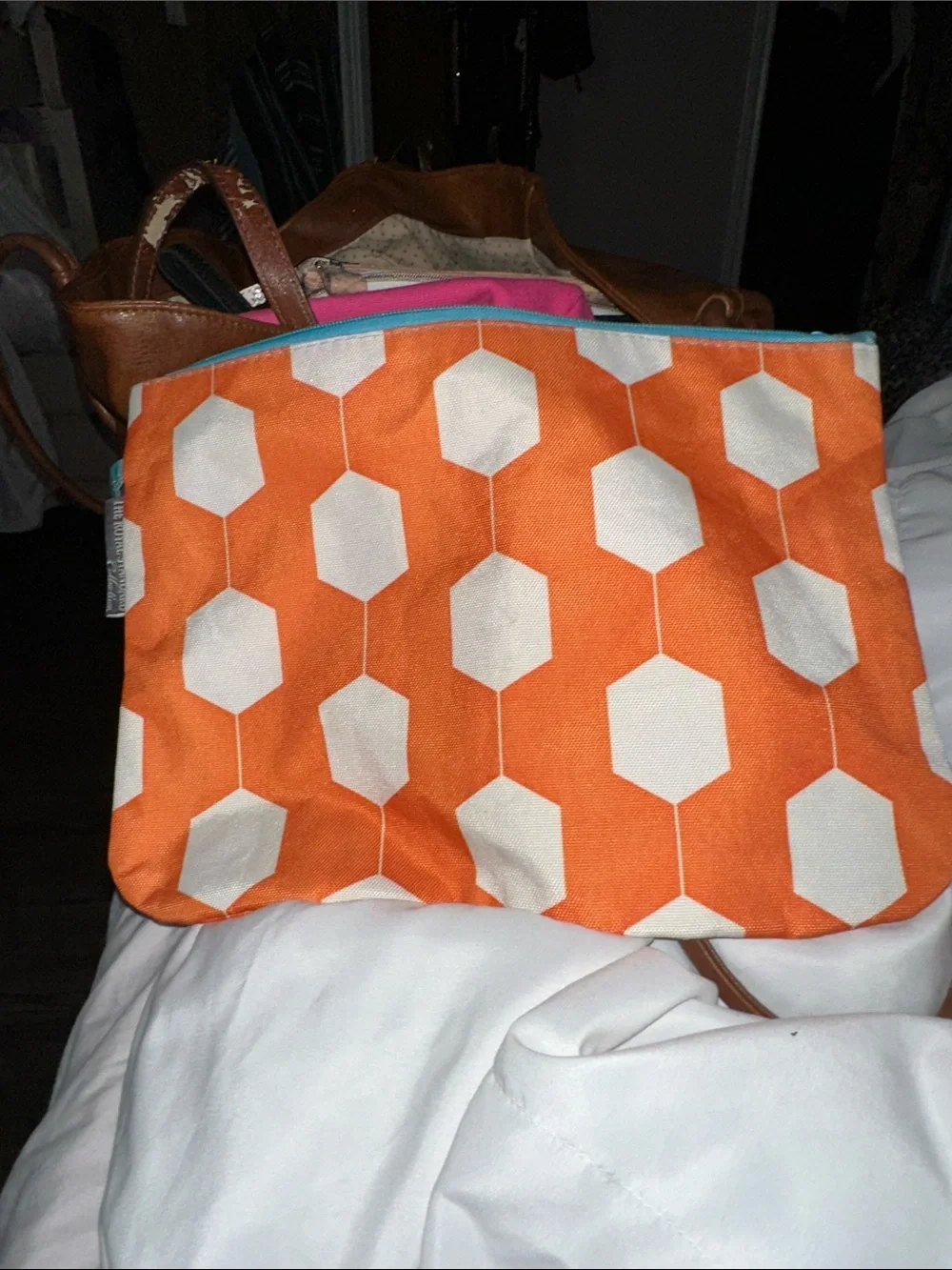 The royal standard Orange Geometric Cosmetic Bag turquoise zipper strap new